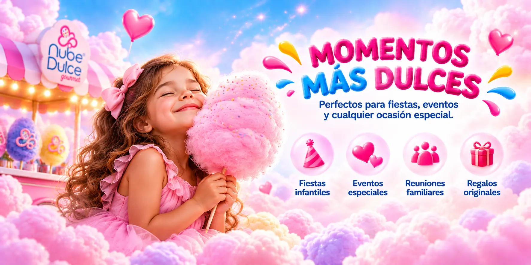 Una niña disfruta algodón de azúcar Nube Dulce; ideal para fiestas, eventos, reuniones y regalos.