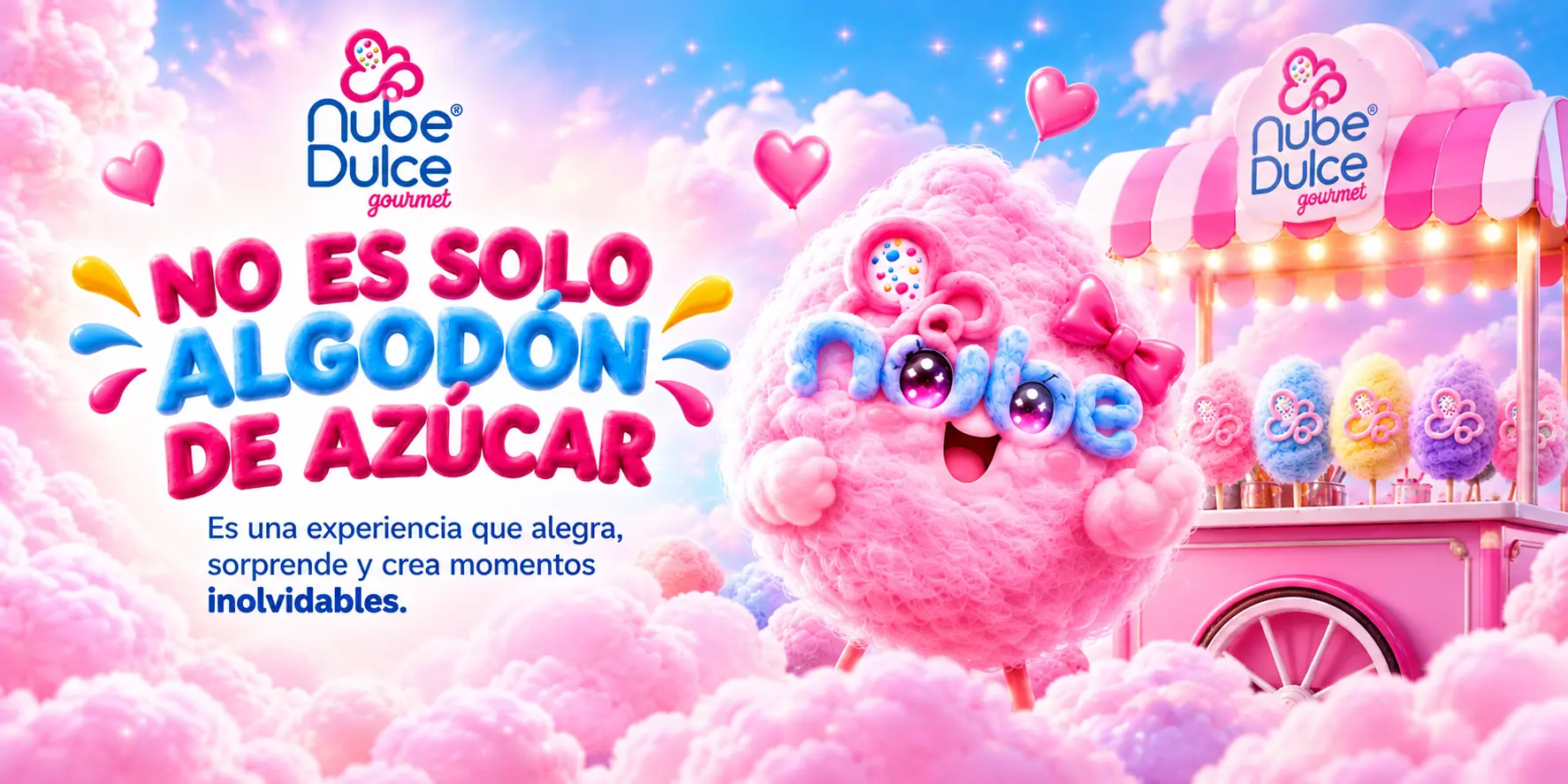 La mascota y el carrito de Nube Dulce entre nubes rosas: una experiencia que crea momentos inolvidables.