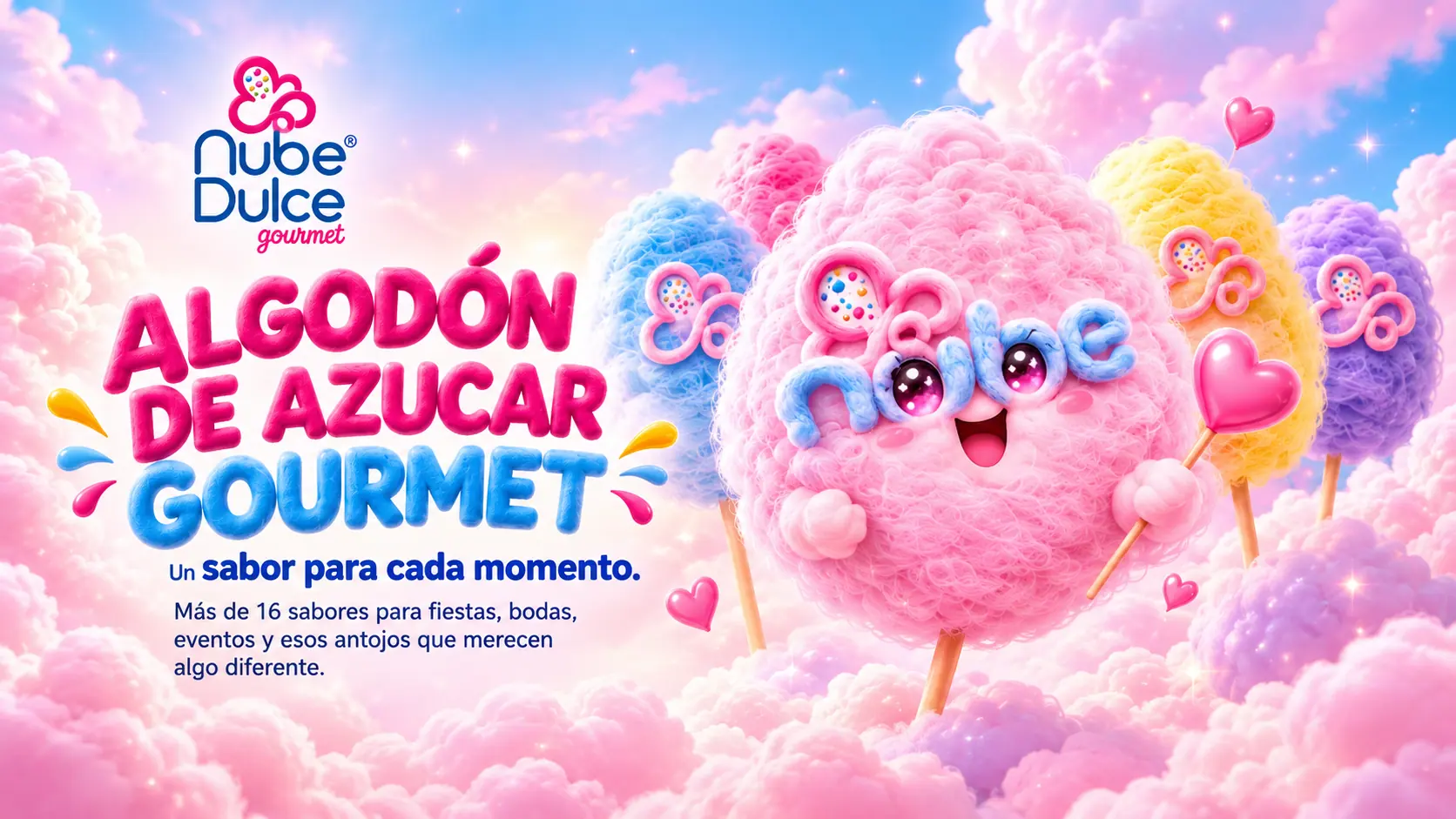Mascota de algodón de azúcar rosa entre nubes y sabores de Nube Dulce Gourmet.